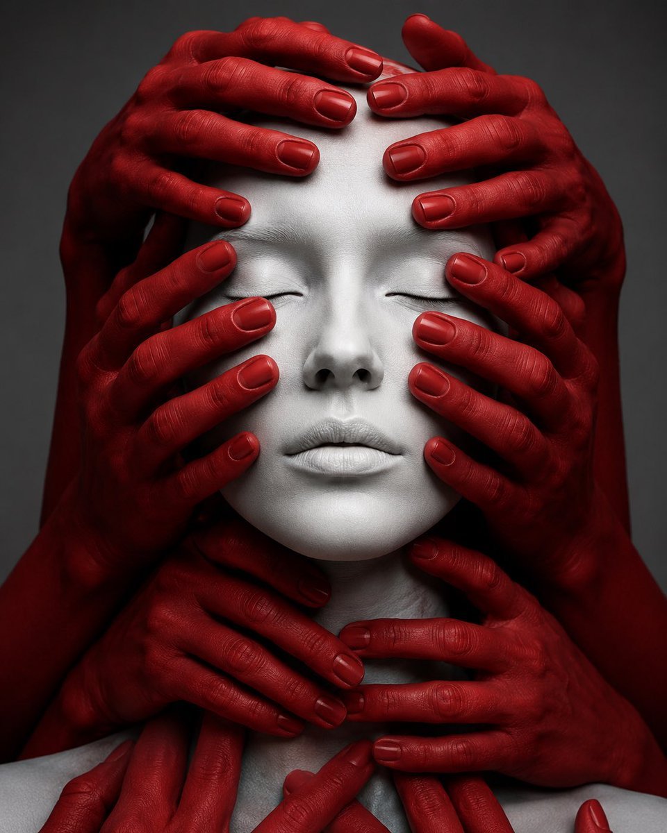 Surreal Portrait with Crimson Hands