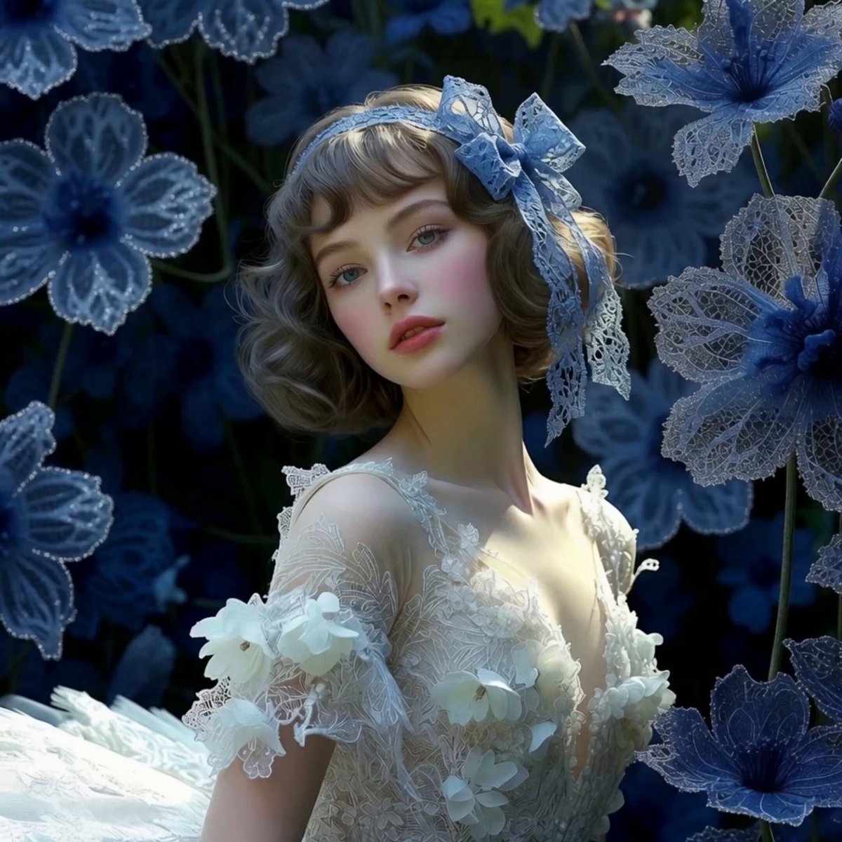Maiden Among Blue Flowers