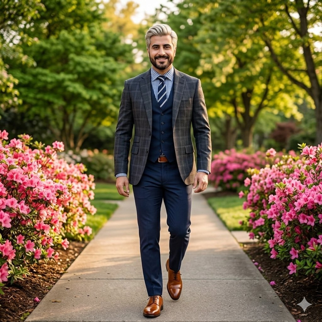 High-End Fashion Portrait of South Asian Man in Garden