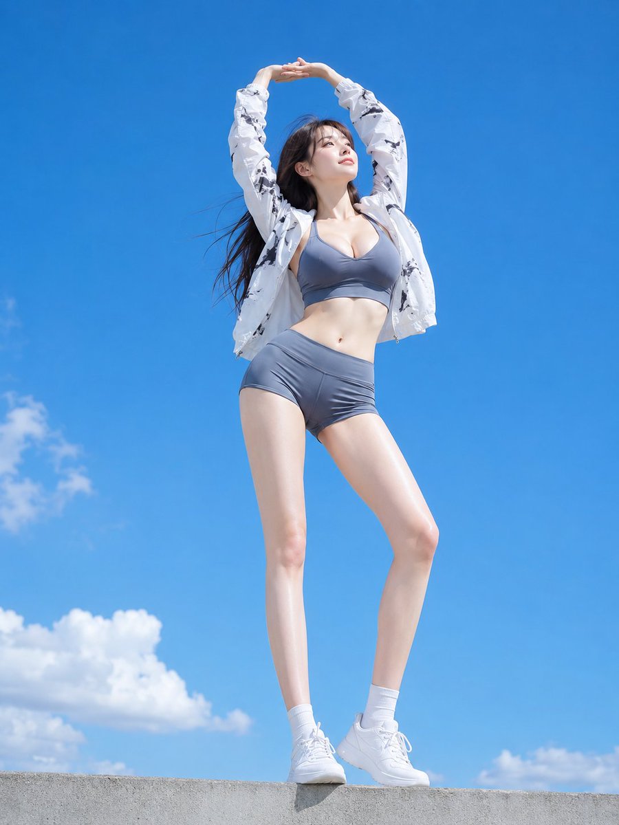 Woman Stretching in Sports Wear Under Blue Sky