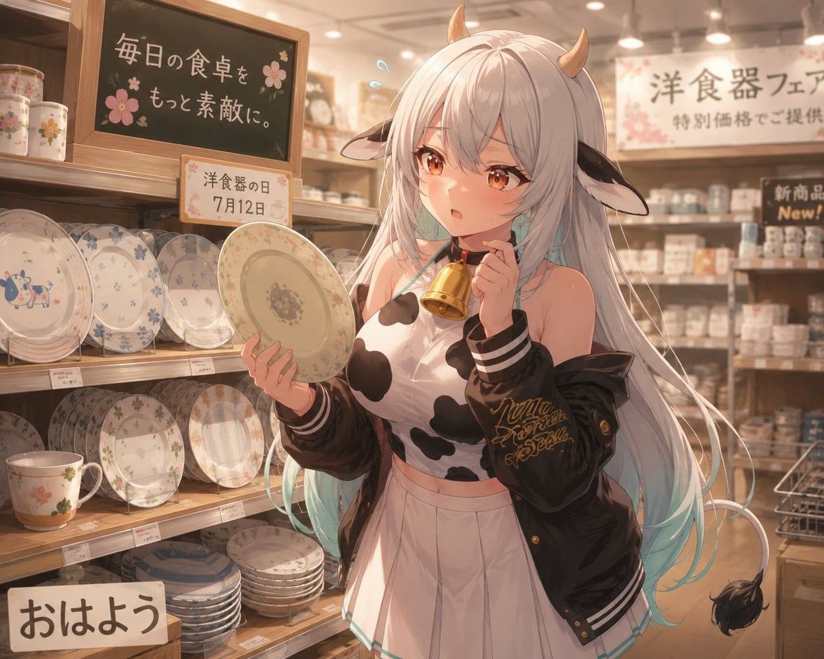 Cow Girl in Tableware Shop — AI image template example