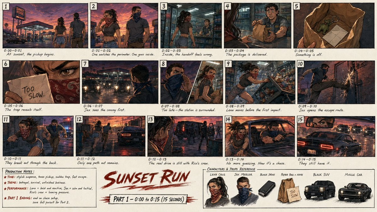 Professional Action Thriller Storyboard — AI image template example
