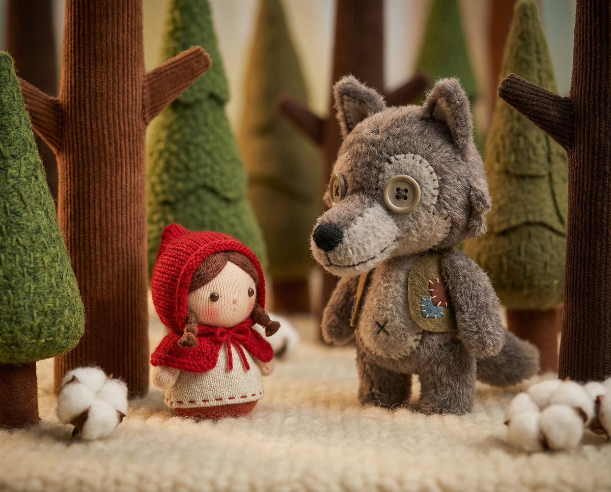 Whimsical Plush Toy Diorama of Little Red Riding Hood
