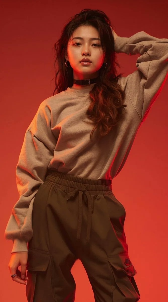 East Asian Lookbook Crimson Studio Portrait — AI image template example