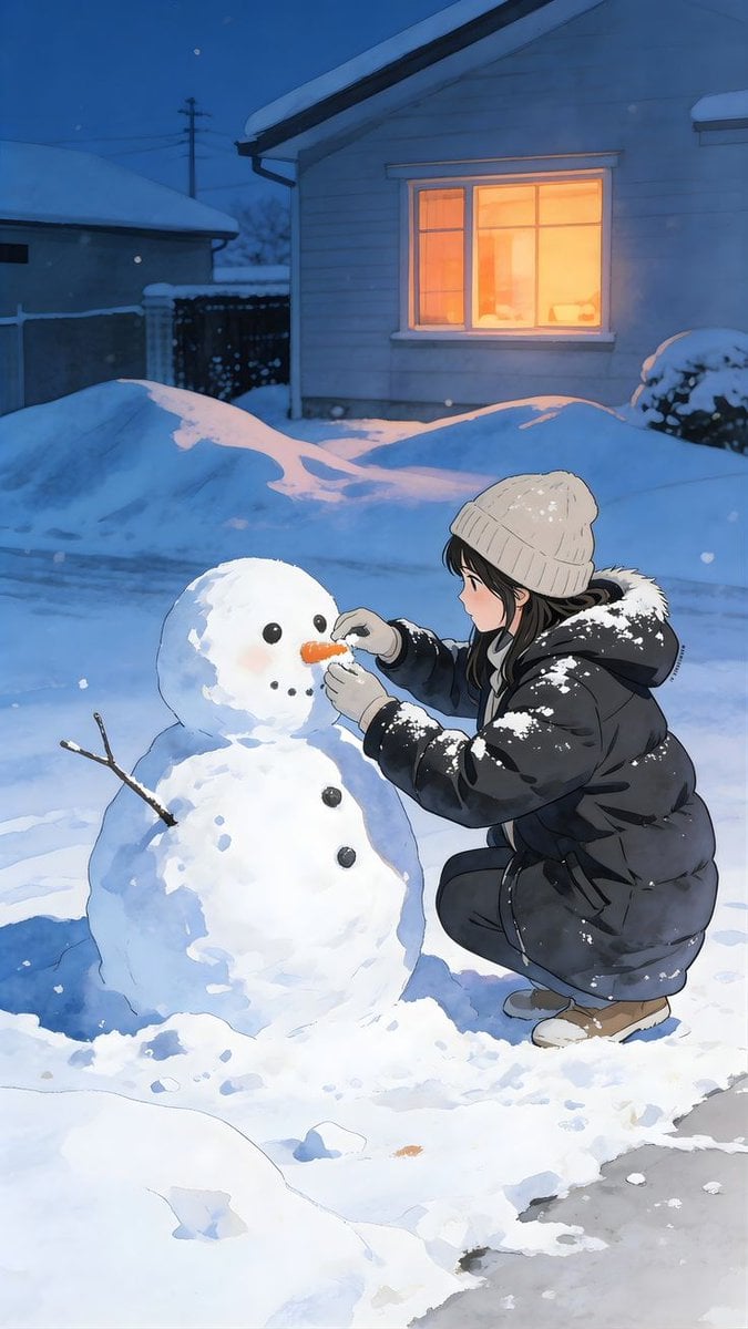 Anime Style Snowman Building Scene Prompt