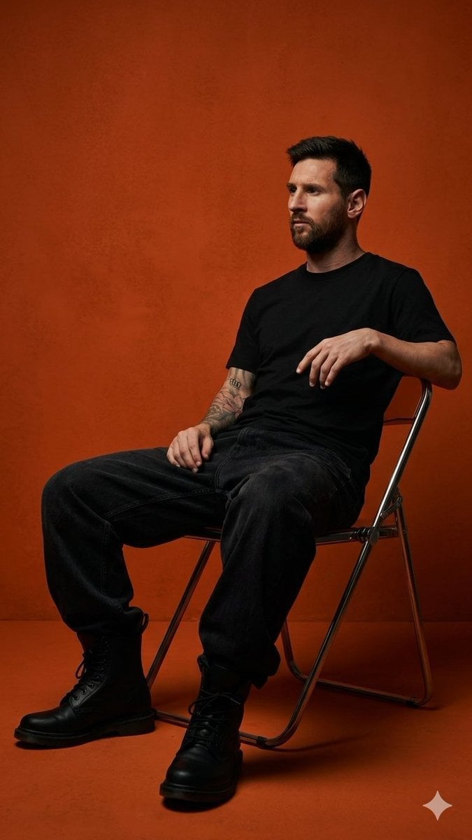 Use model the person in the image you create a dark orange studio photo — AI image template example