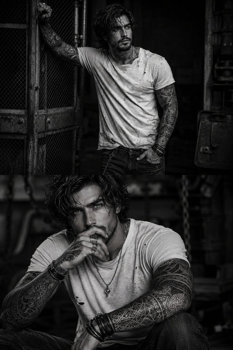 Gritty Industrial Monochrome Tattooed Portrait