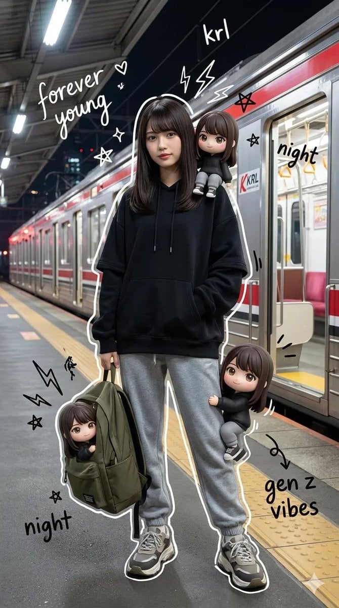 Mixed-Media Portrait with Chibi Overlays at Night Train Station