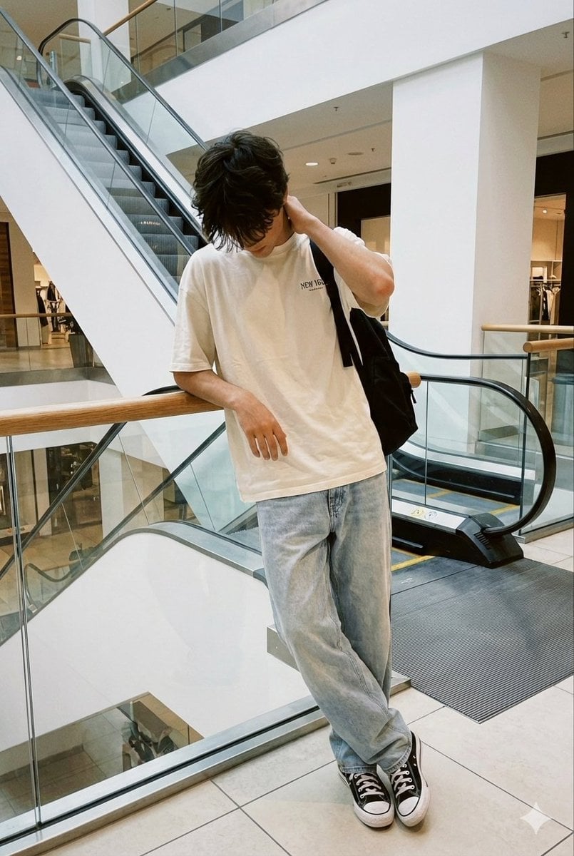 Realistic candid smartphone photo of a subject standing by an escalator in a mall