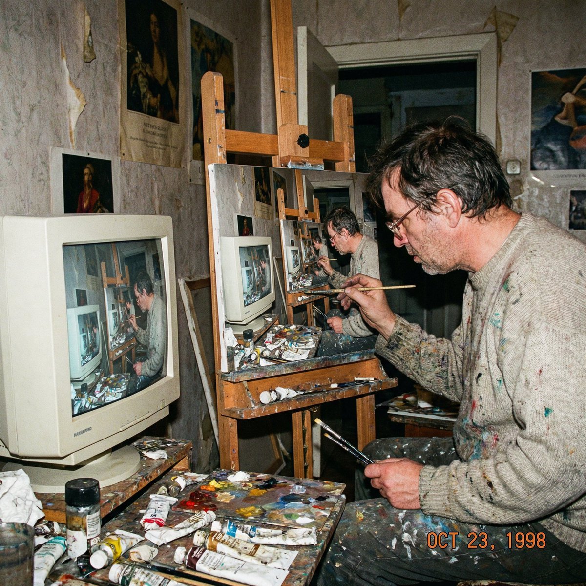 Recursive artist painting a photo of himself painting