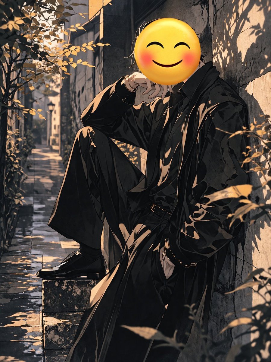 Figure with Emoji Head in Sunlit Alley reference image 1