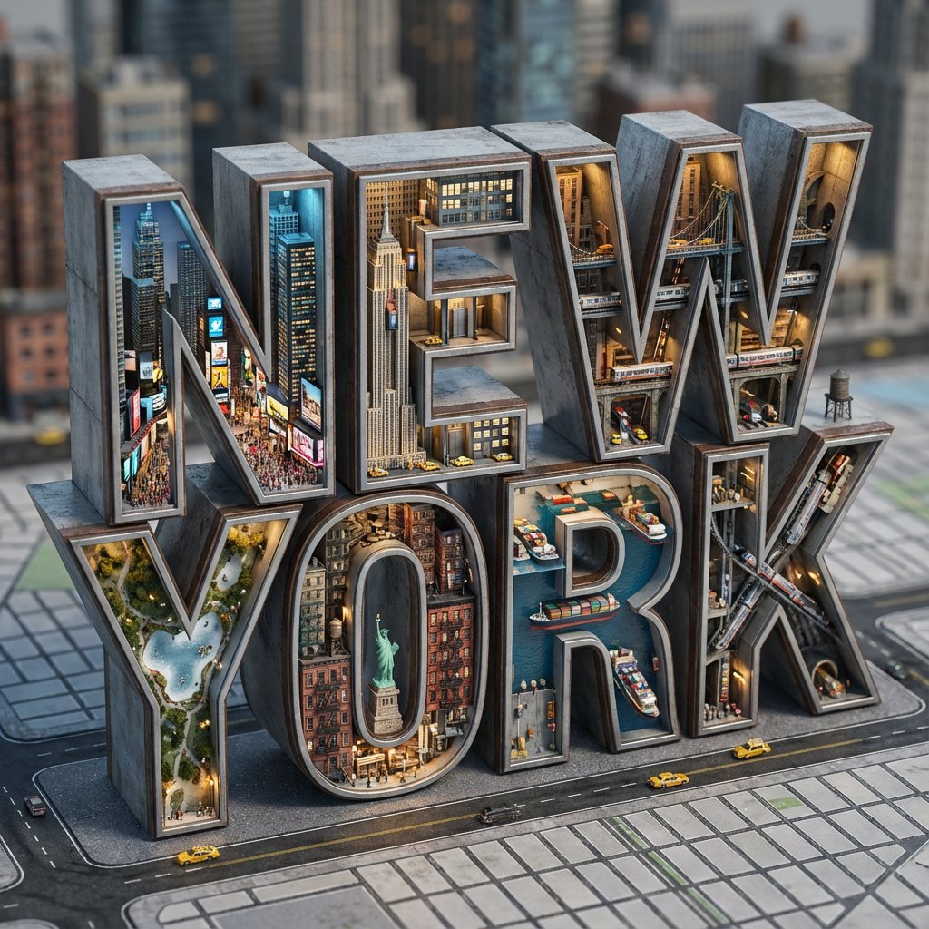 Architectural Typography Micro-World Render Prompt (New York)