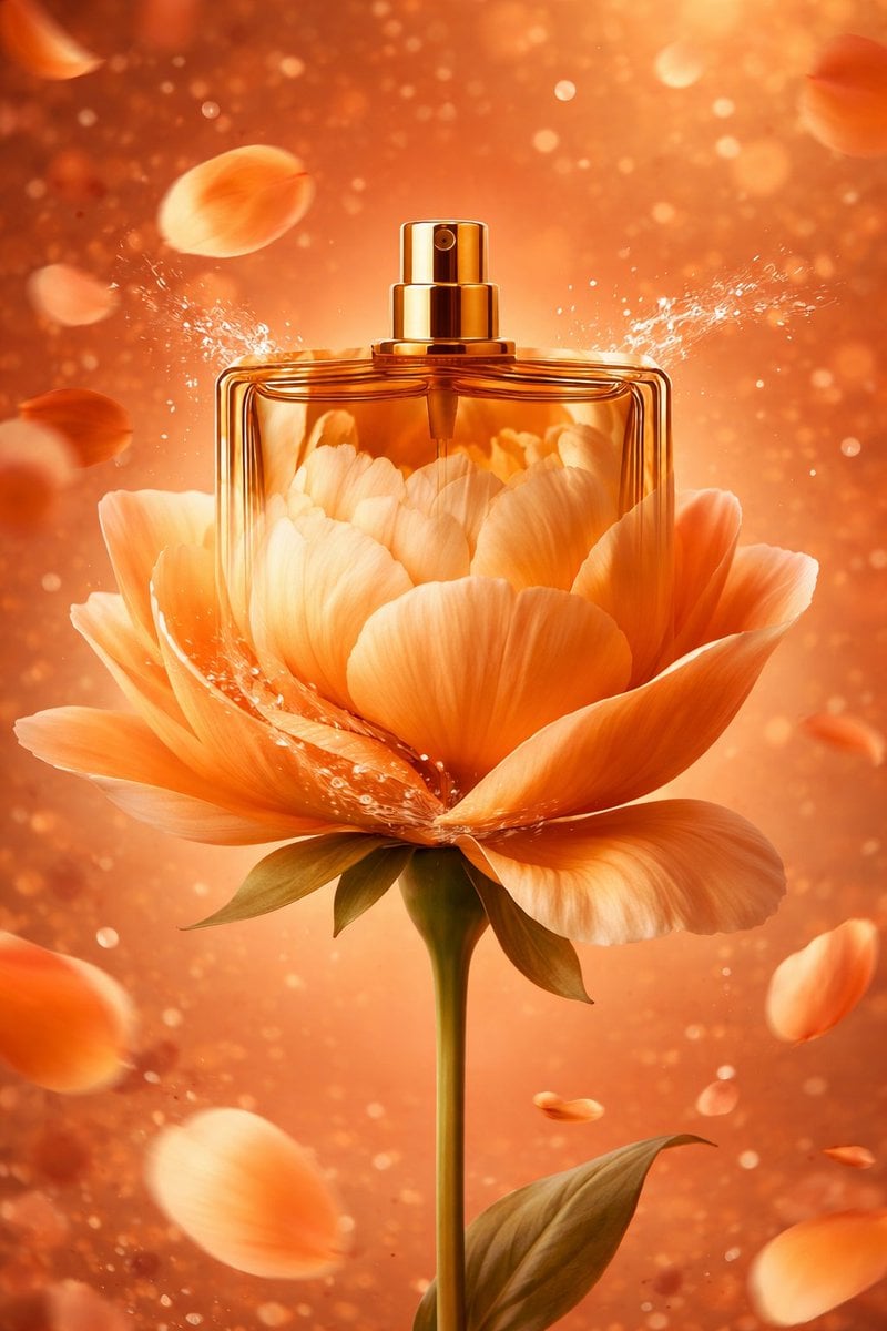 AI-Stylized Perfume Product Visual with Internal Petals