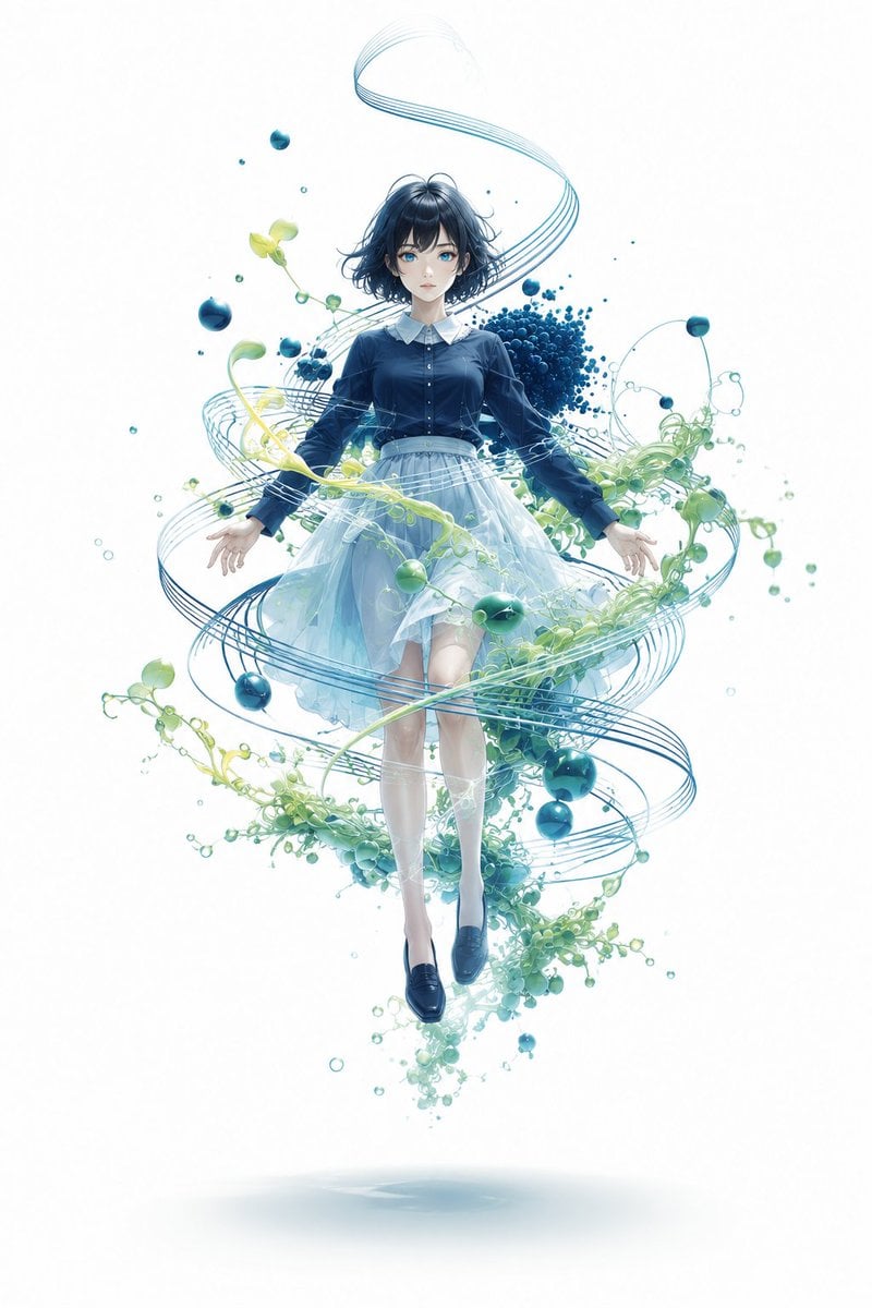 Floating Anime Girl with Teal Spirals — AI image template example