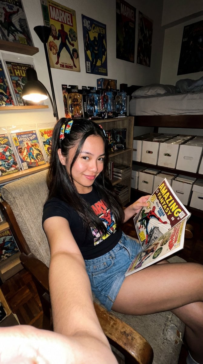 Filipina Comic Geek Selfie in Collector's Room