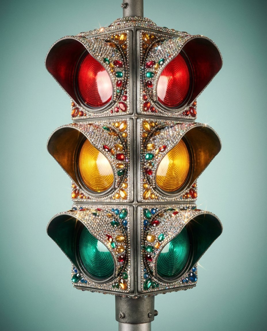 Rhinestone Encrusted Vintage Traffic Light Close-Up