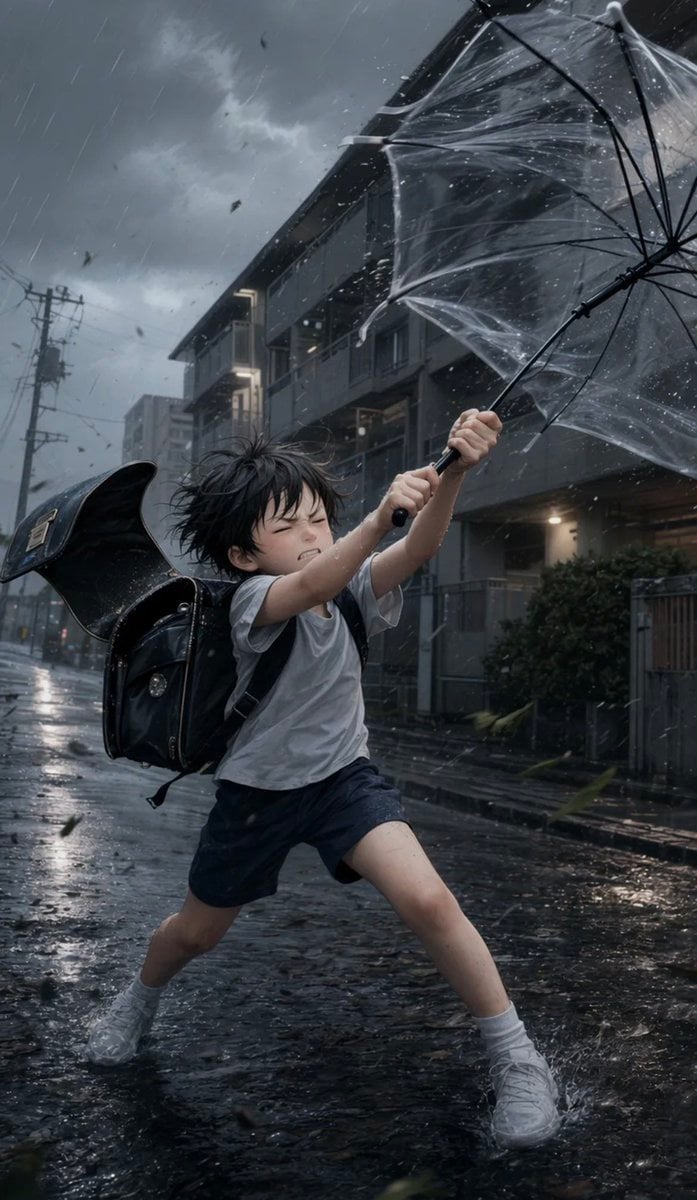 Boy Fighting Storm With Umbrella