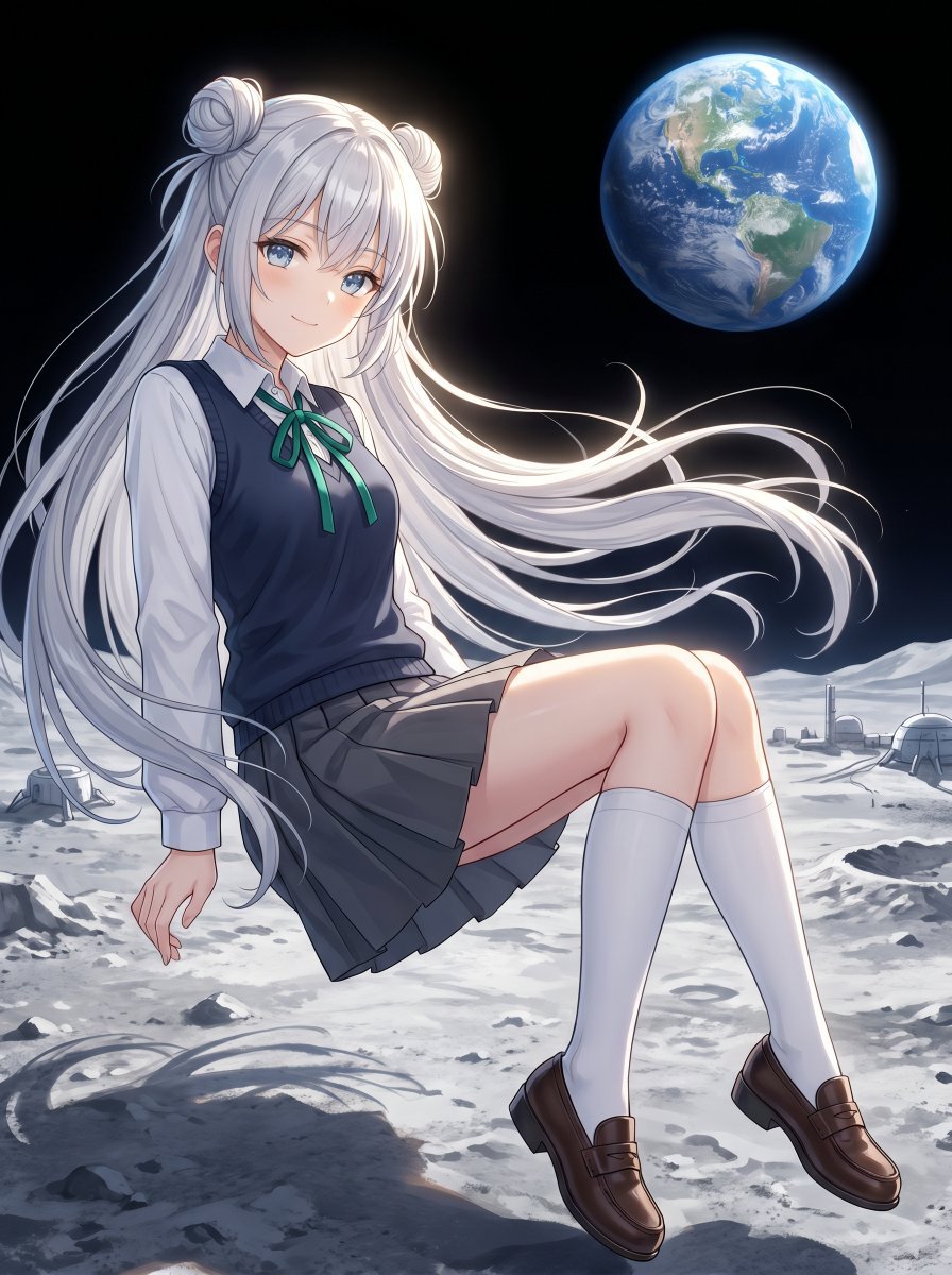 Anime Schoolgirl Floating on the Moon
