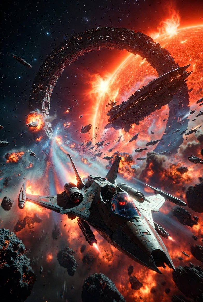 Intense Space Battle Scene with Starfighter and Alien Battle Station