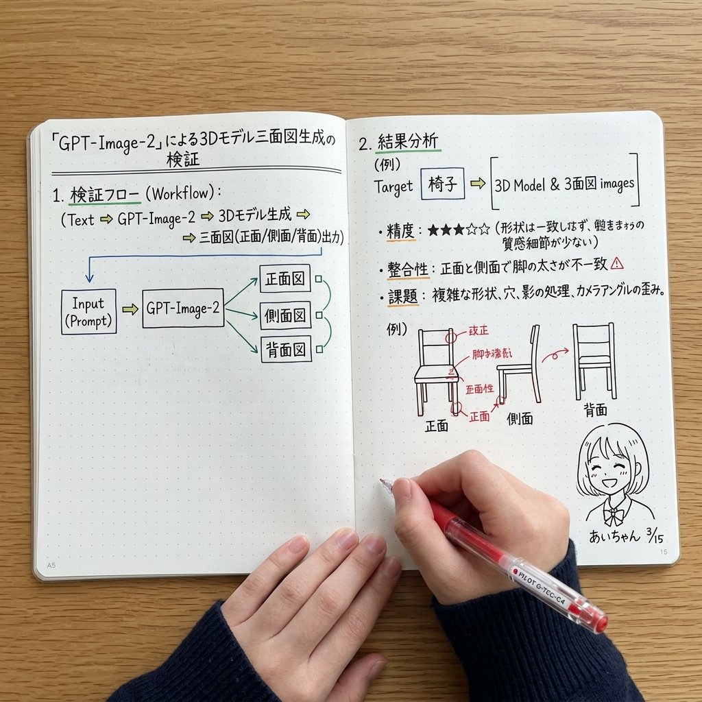 Notebook Spread with 3D Model Analysis Diagrams reference image 1