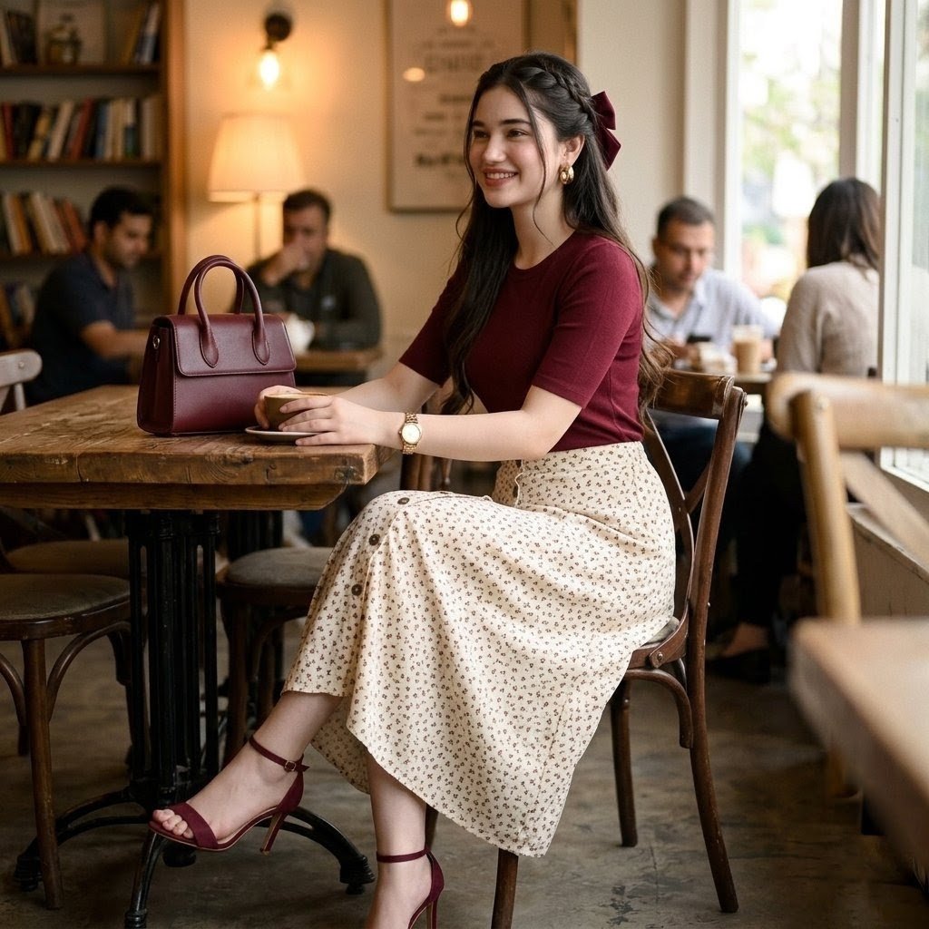 Cozy Café Maroon Outfit Portrait — AI image template example