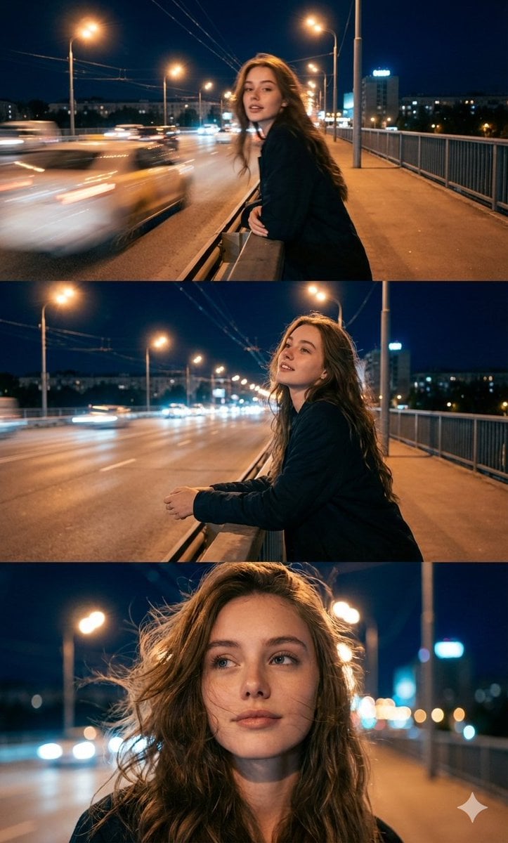Cinematic Triptych Portrait in a Night City Setting