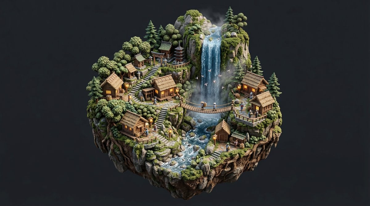 Stylized Miniature Diorama of Forest Waterfall Village