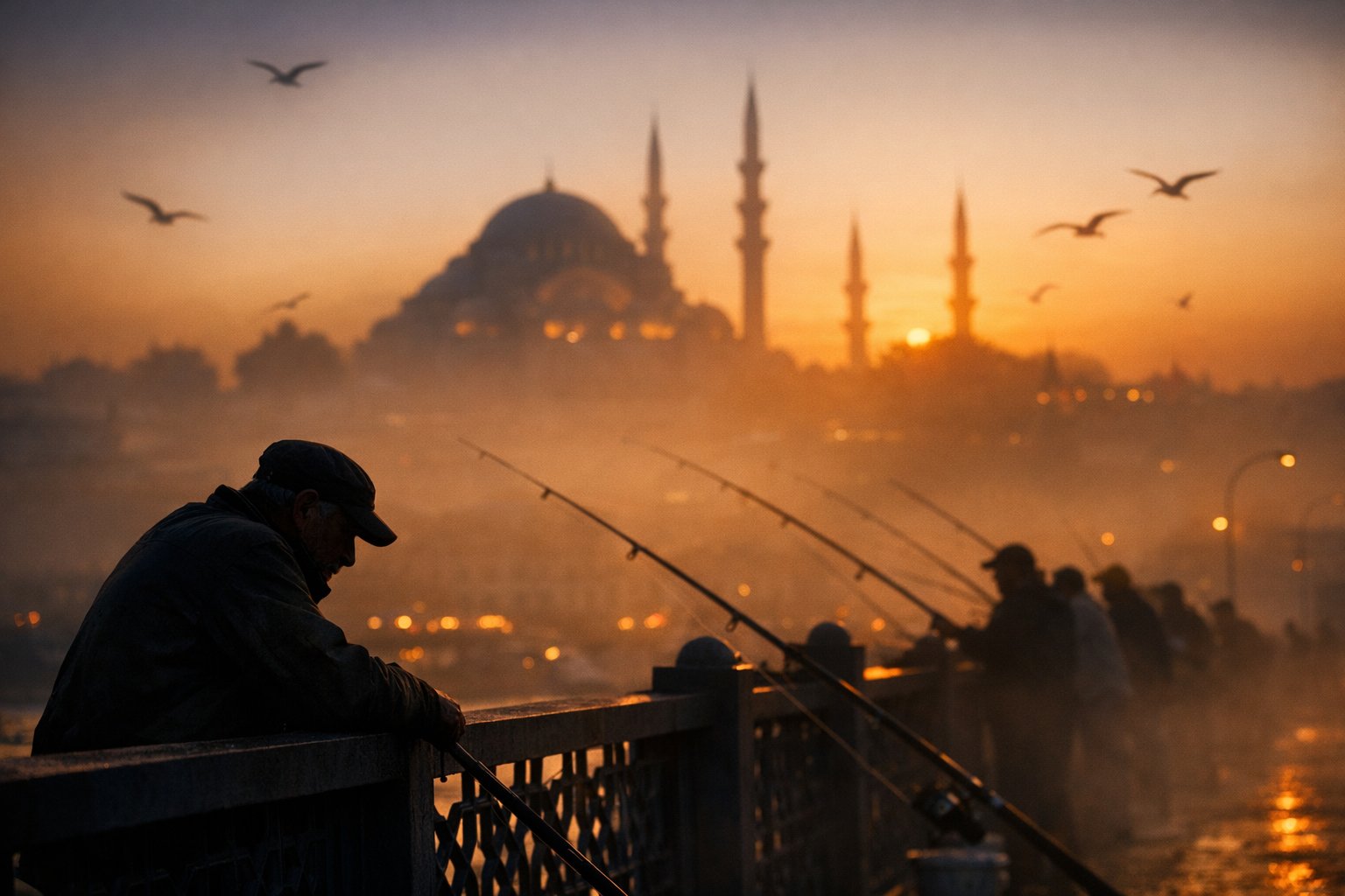 A cinematic silhouette shot of local fishermen lining the Galata Bridge