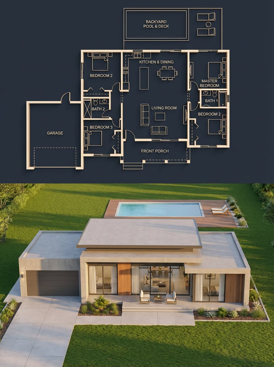 Split architectural visualization where the top is a detailed — AI image template example