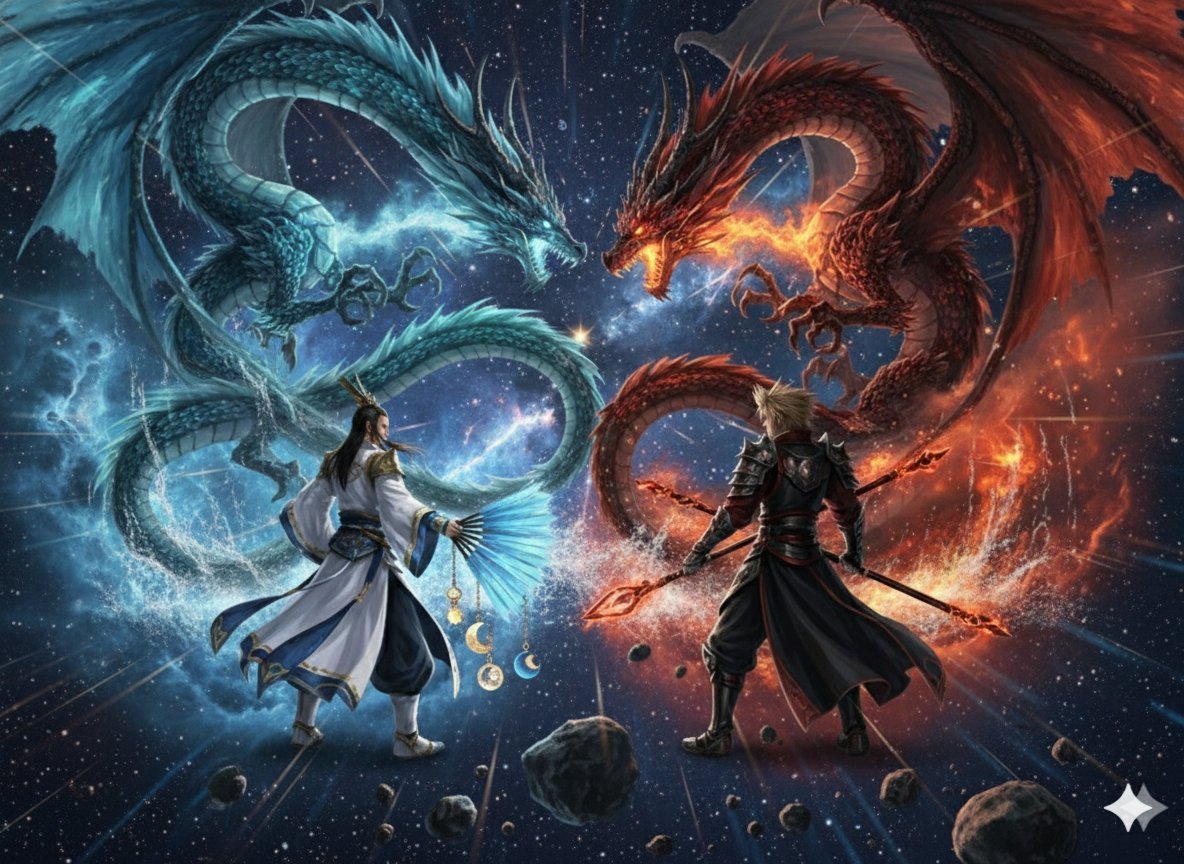 Image generation prompt for Nano Banana Pro: Zhuge Liang vs. Sima Yi in a Final Fantasy X style cosm