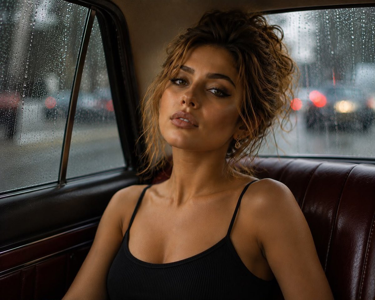 Photorealistic Close-up Portrait in Vintage Car — AI image template example