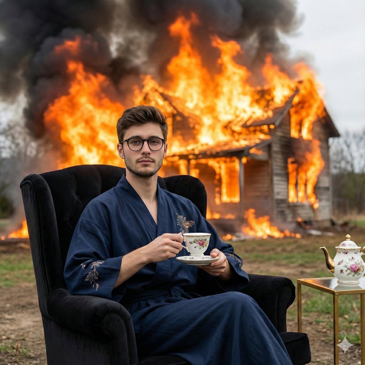 Documentary-Style Photo of Man in Robe with Burning Farmhouse