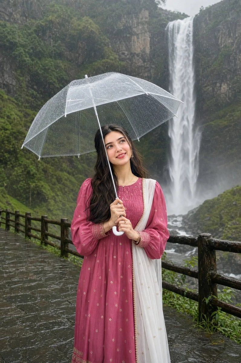 Woman in Pink Lenga at Waterfall — AI image template example