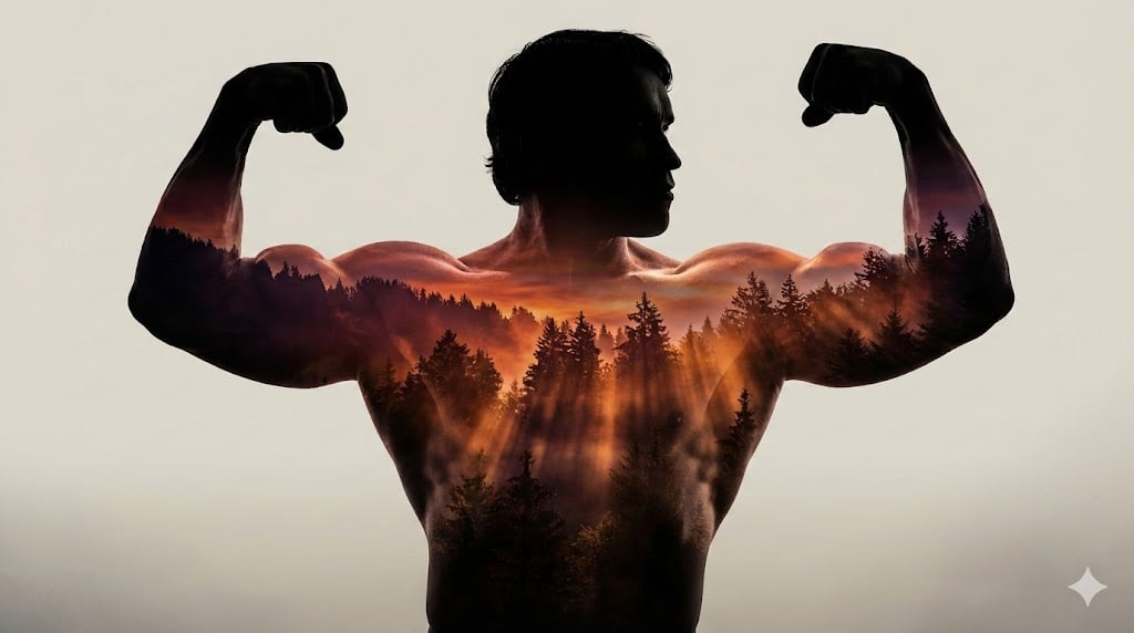 Arnold Schwarzenegger Silhouette with Volumetric Mountain Forest
