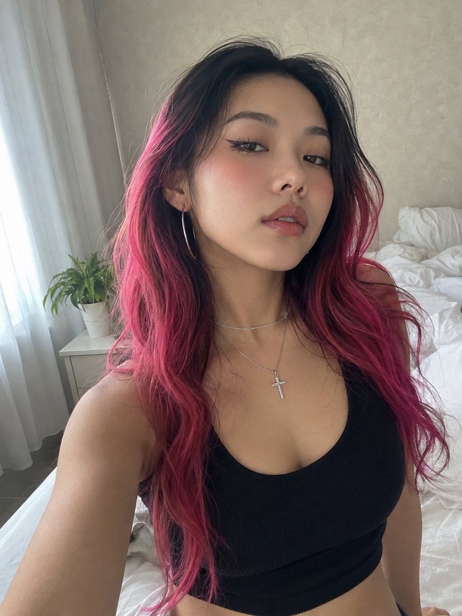 Pink Hair Bedroom Selfie Photography — AI image template example