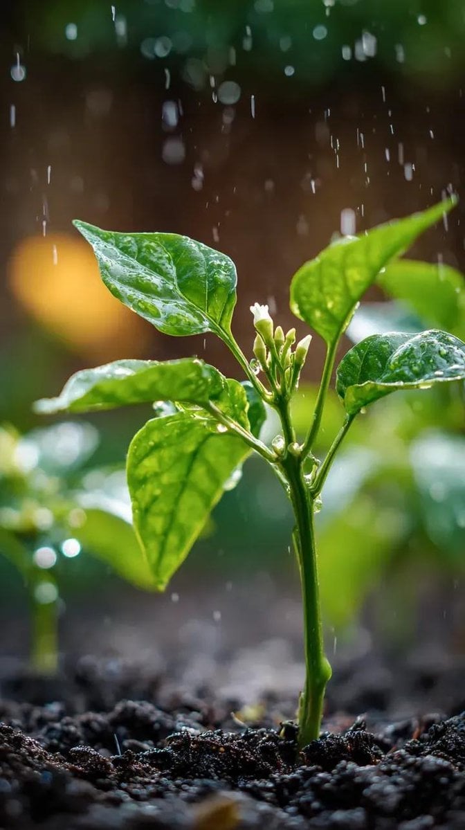 A small chili plant with glossy green leaves and one tiny white flower