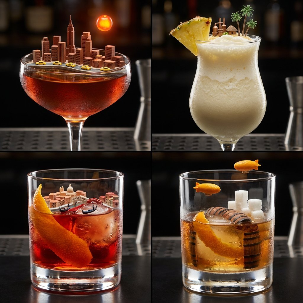 2x2 Grid of Cocktails as Tiny Living Cities