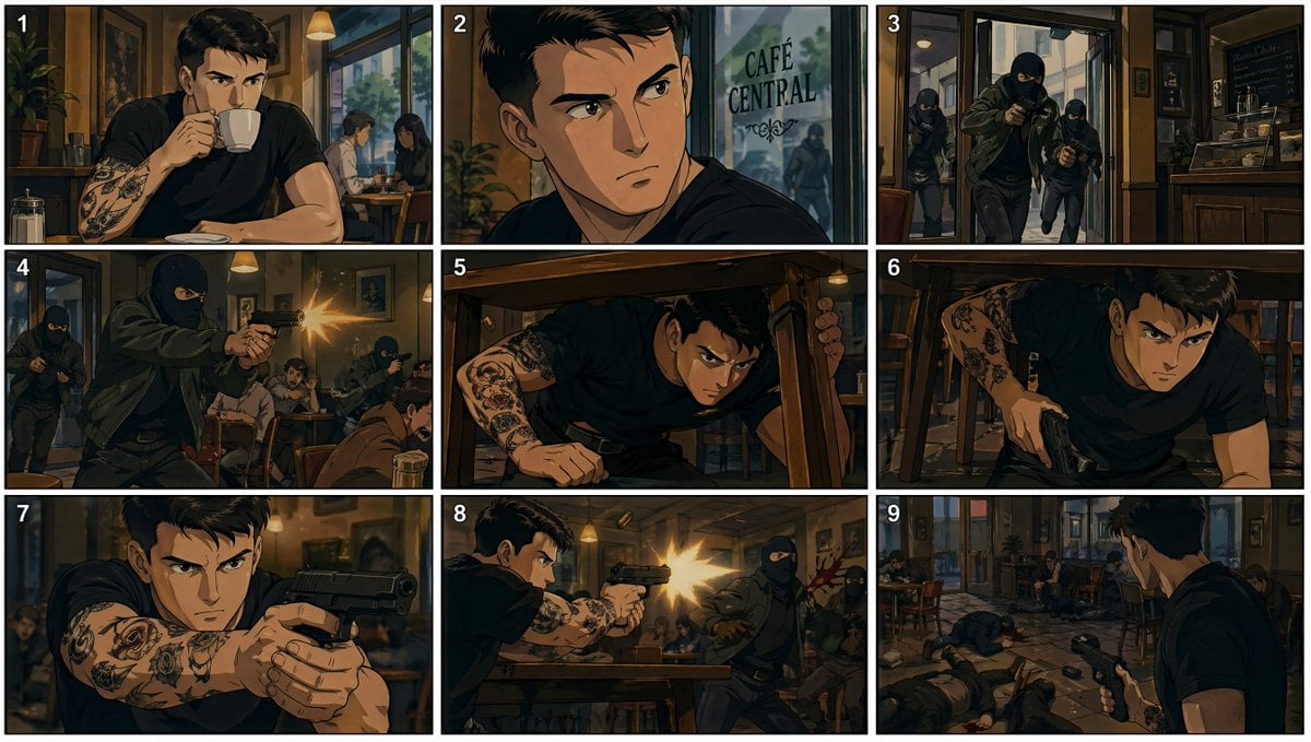 90s Anime Cafe Shootout Storyboard