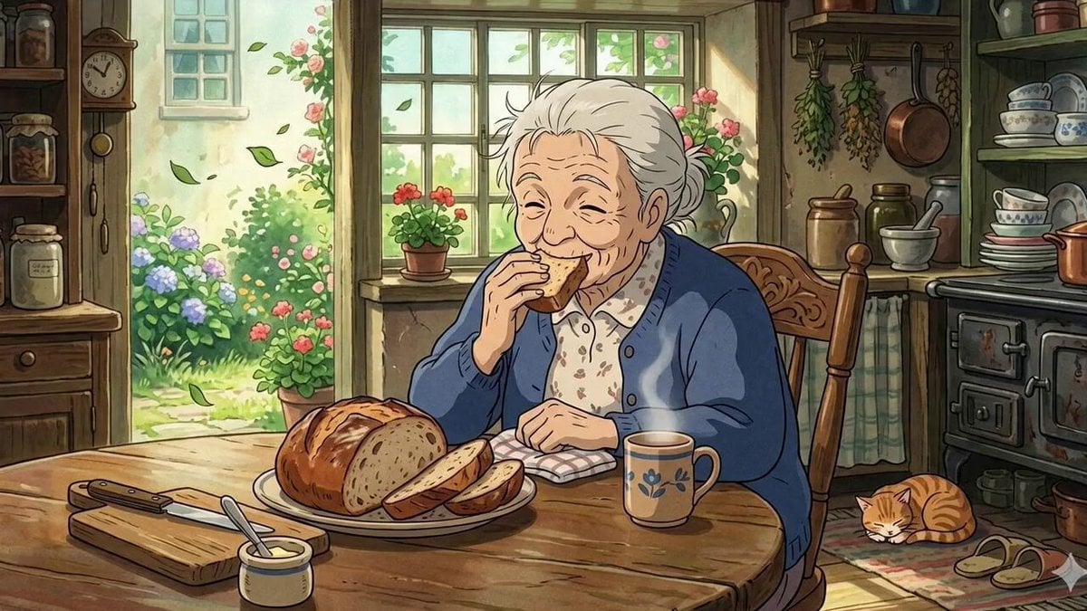 Ghibli Style Elderly Woman Kitchen Scene