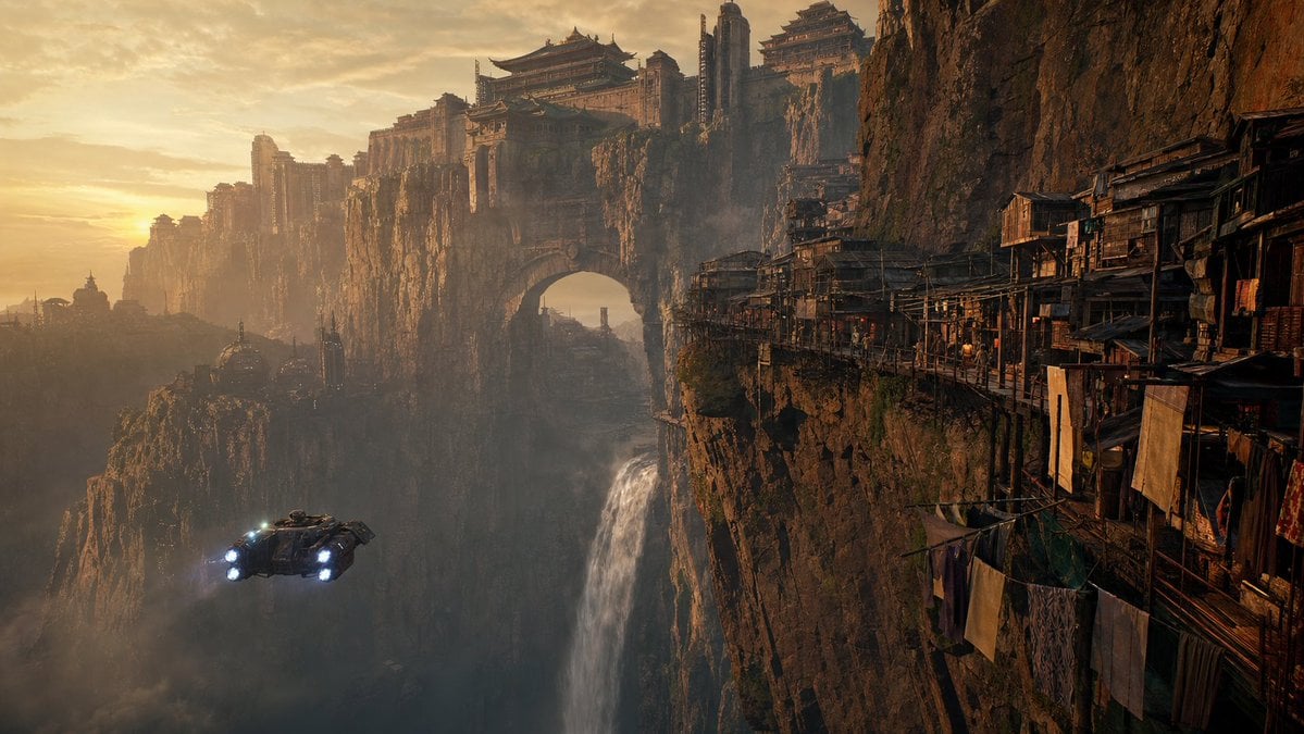 Cyberpunk Cliffside Megacity Wallpaper reference image 1