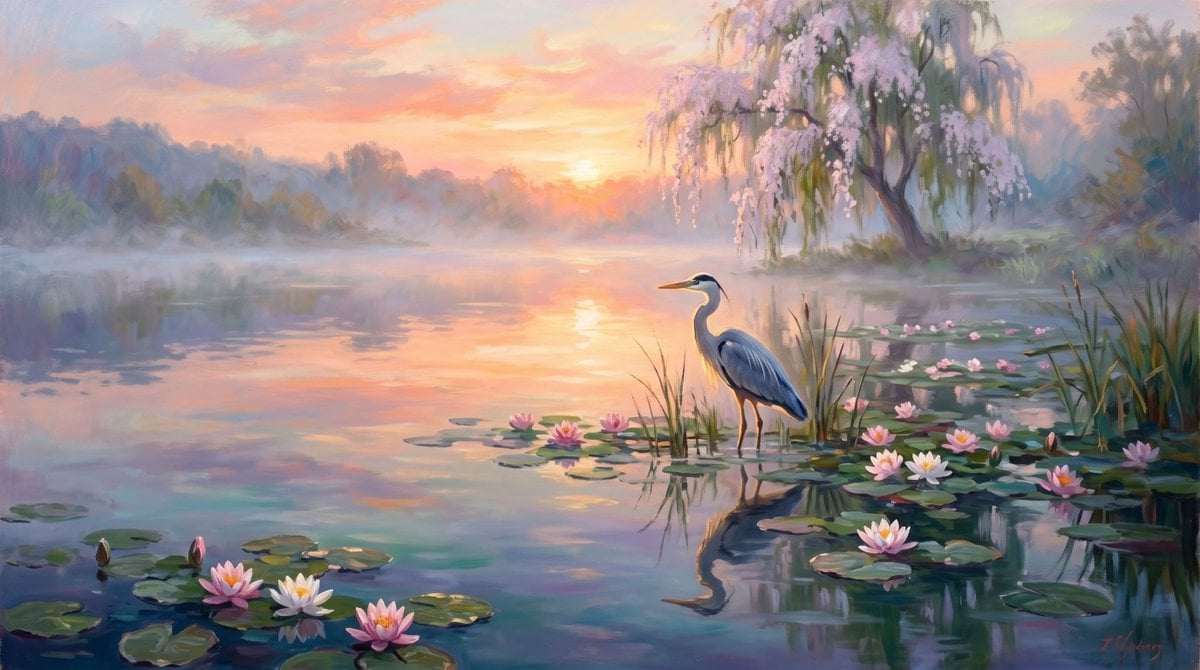 Misty Heron Lily Pond