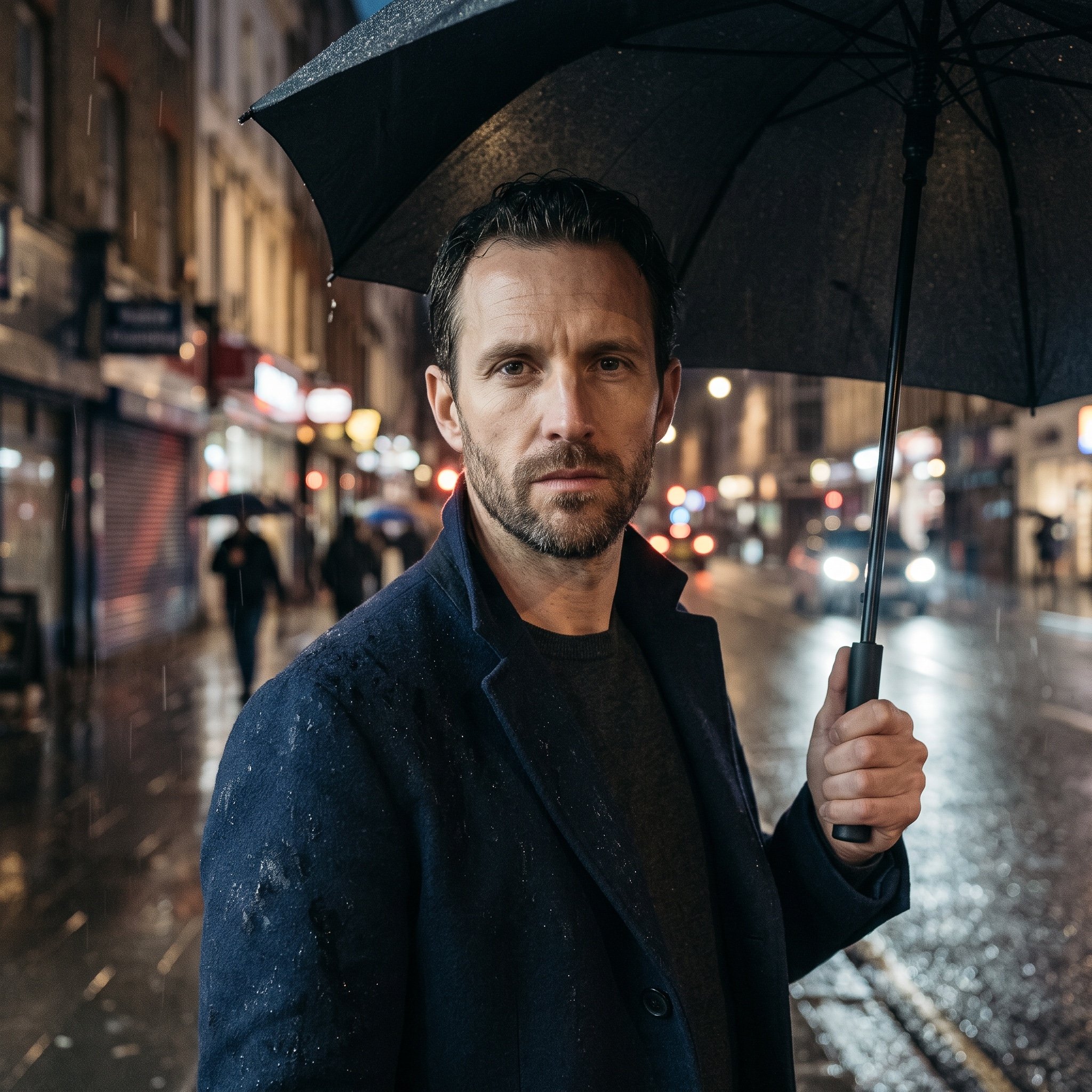 Cinematic Rainy Night Street Portrait of a Confident Man