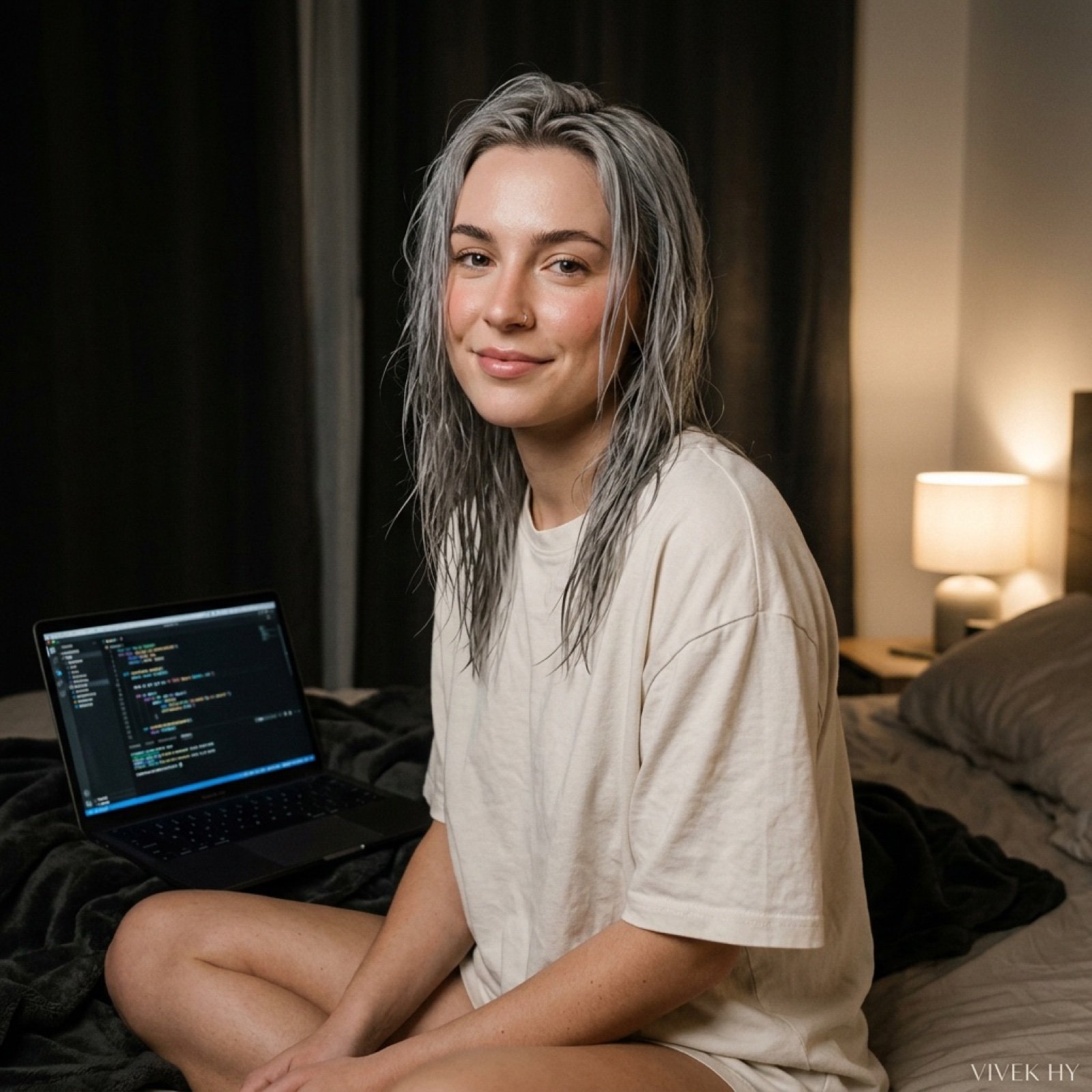 Cozy Bedroom Portrait with Code Editor Prompt