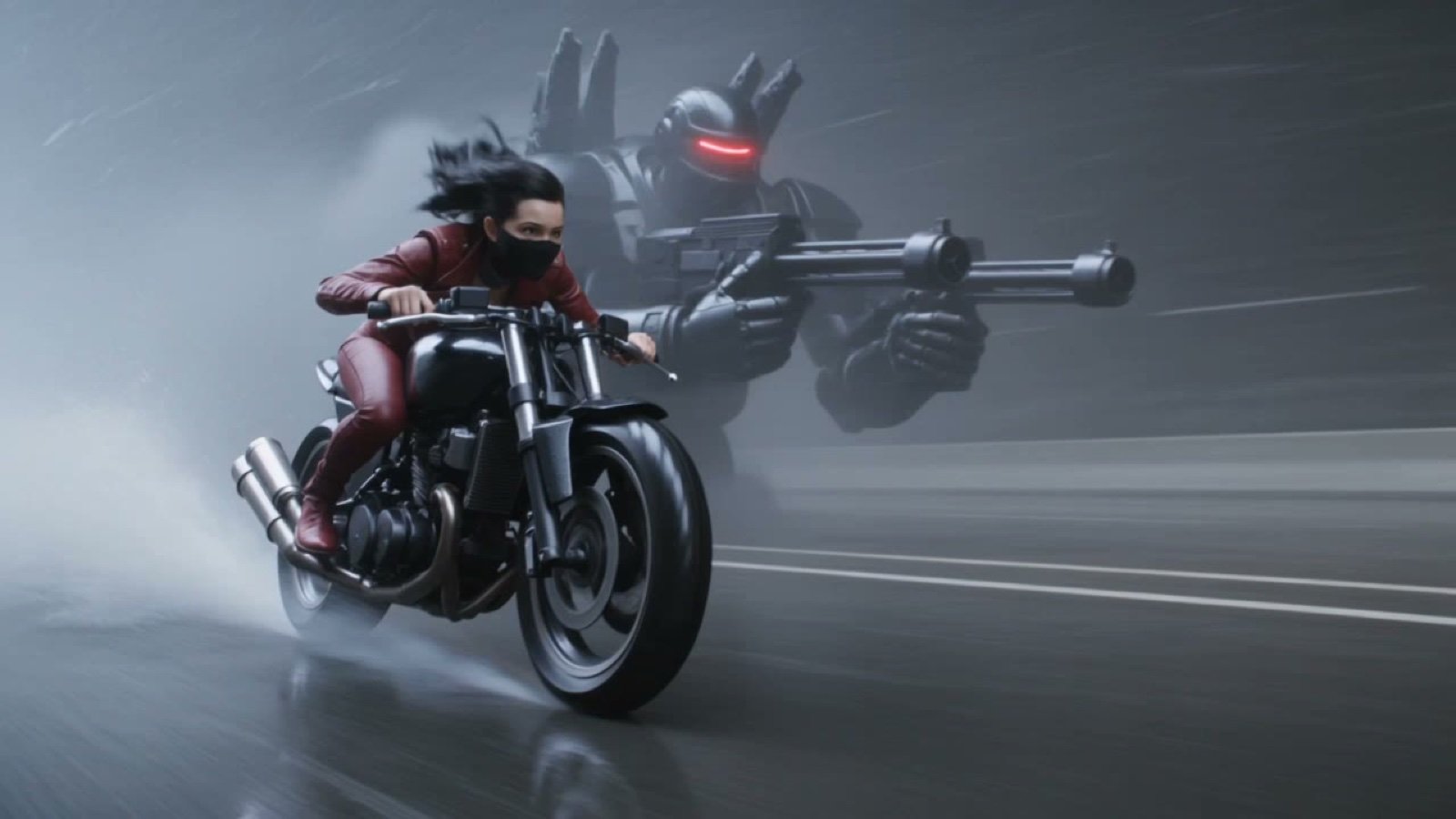 Photorealistic Cyberpunk Motorcycle-Robot Chase in Heavy Rain