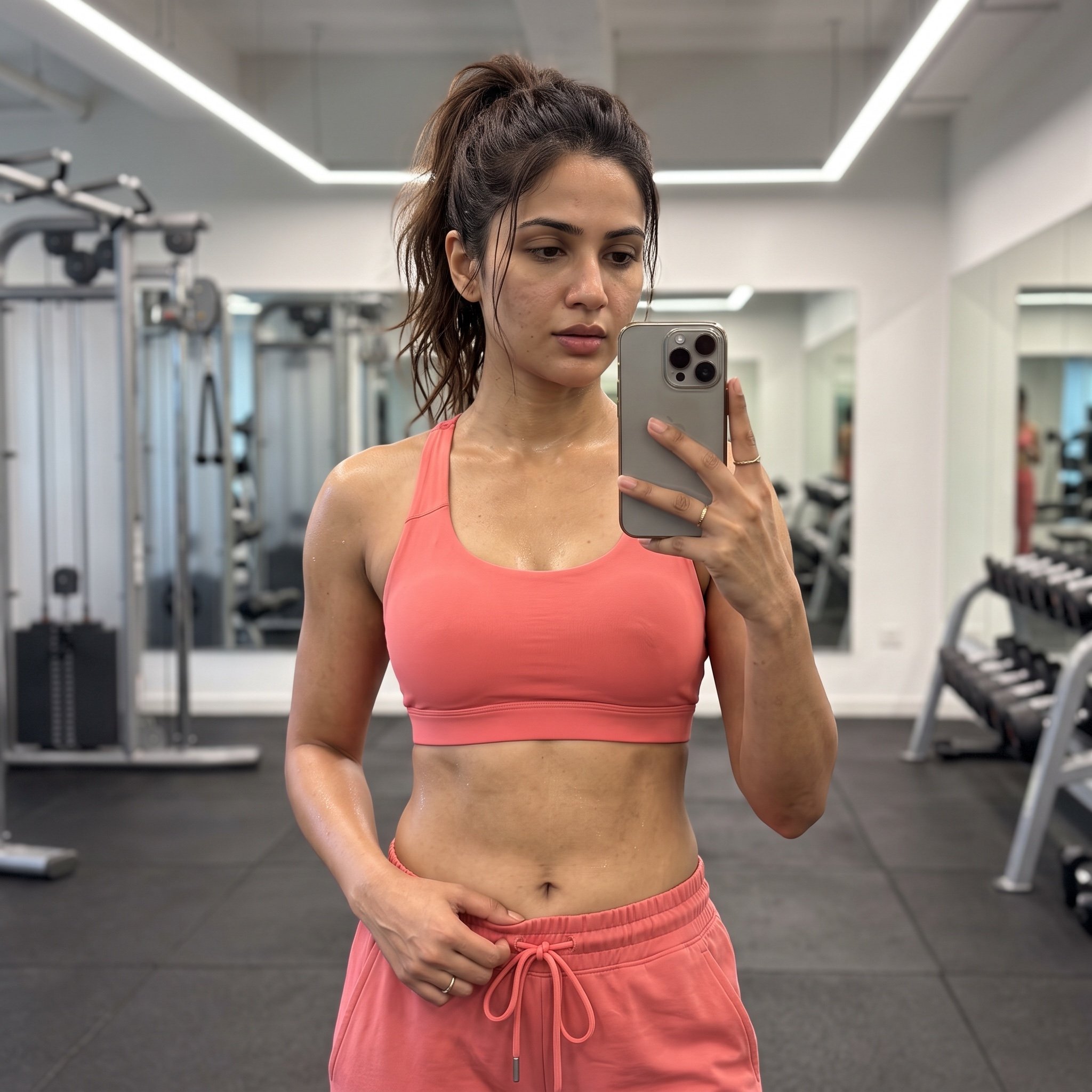 Photorealistic fitness mirror selfie — AI image template example