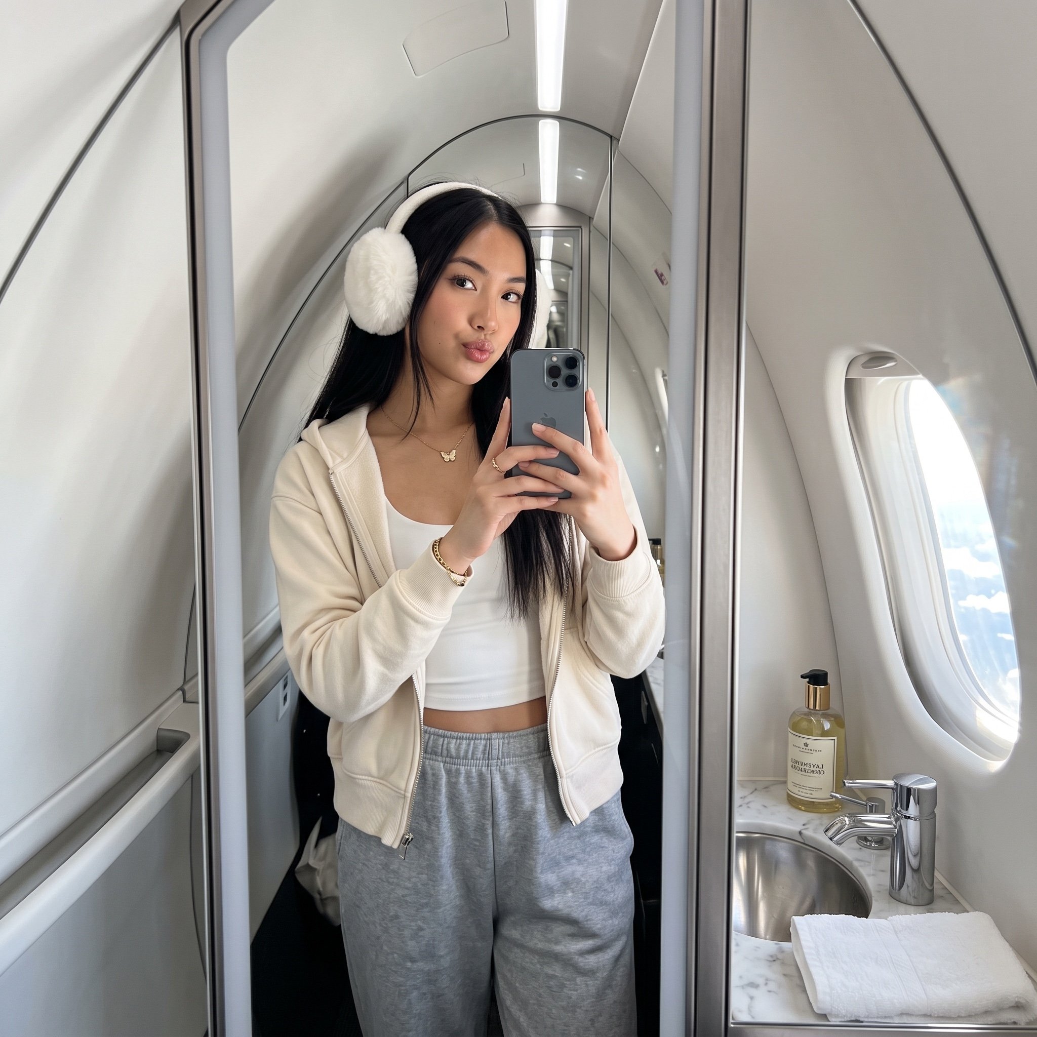 Ultra-Realistic Influencer Mirror Selfie in Private Jet Lavatory