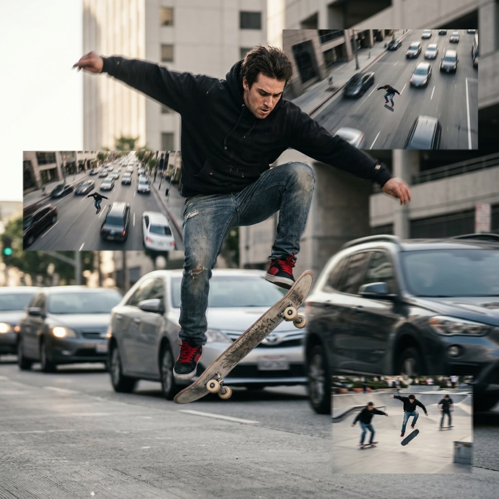 Grok Video Prompt: High-Speed Skateboarding and Jumping Over Cars