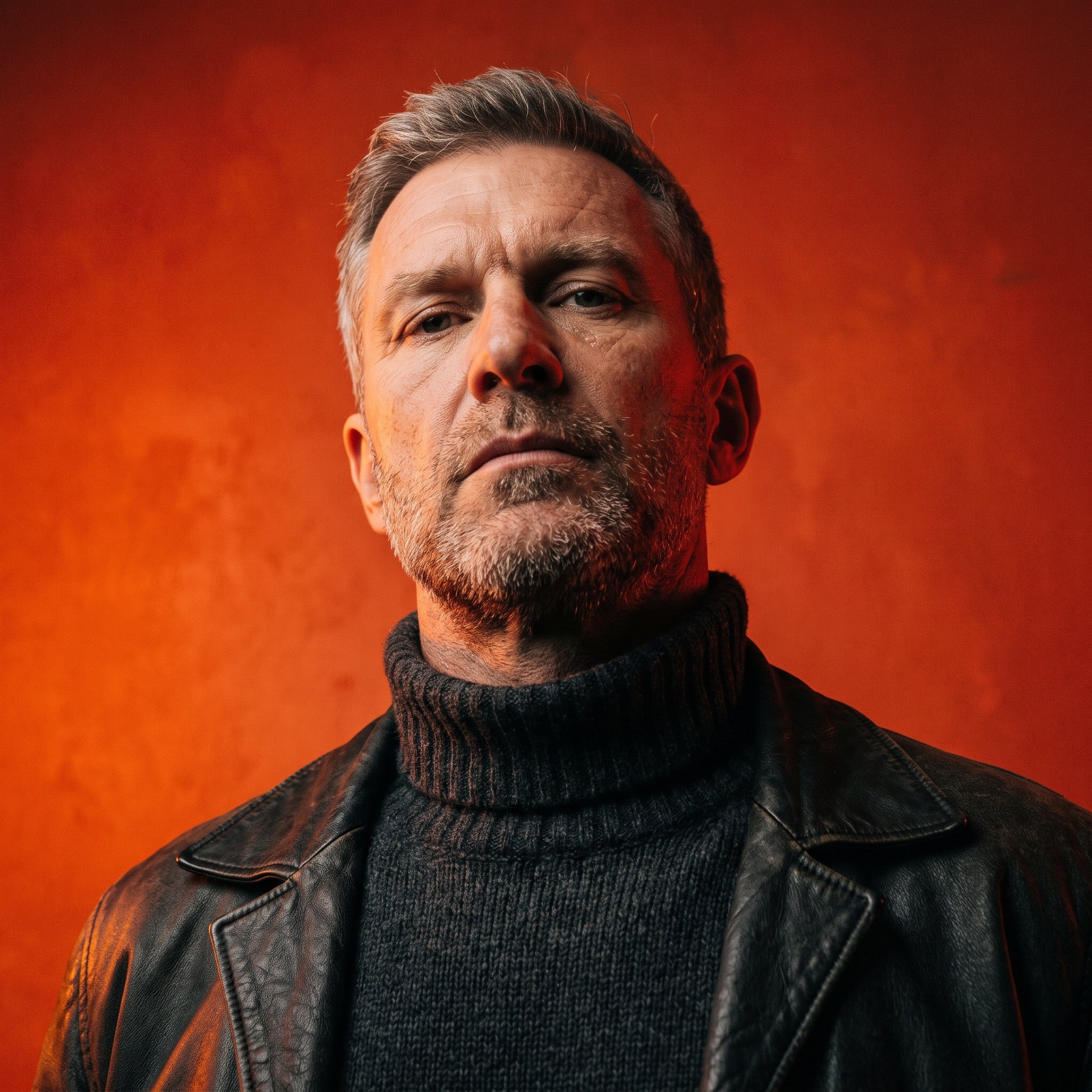 Dynamic Low-Angle Portrait with Orange-Red Background