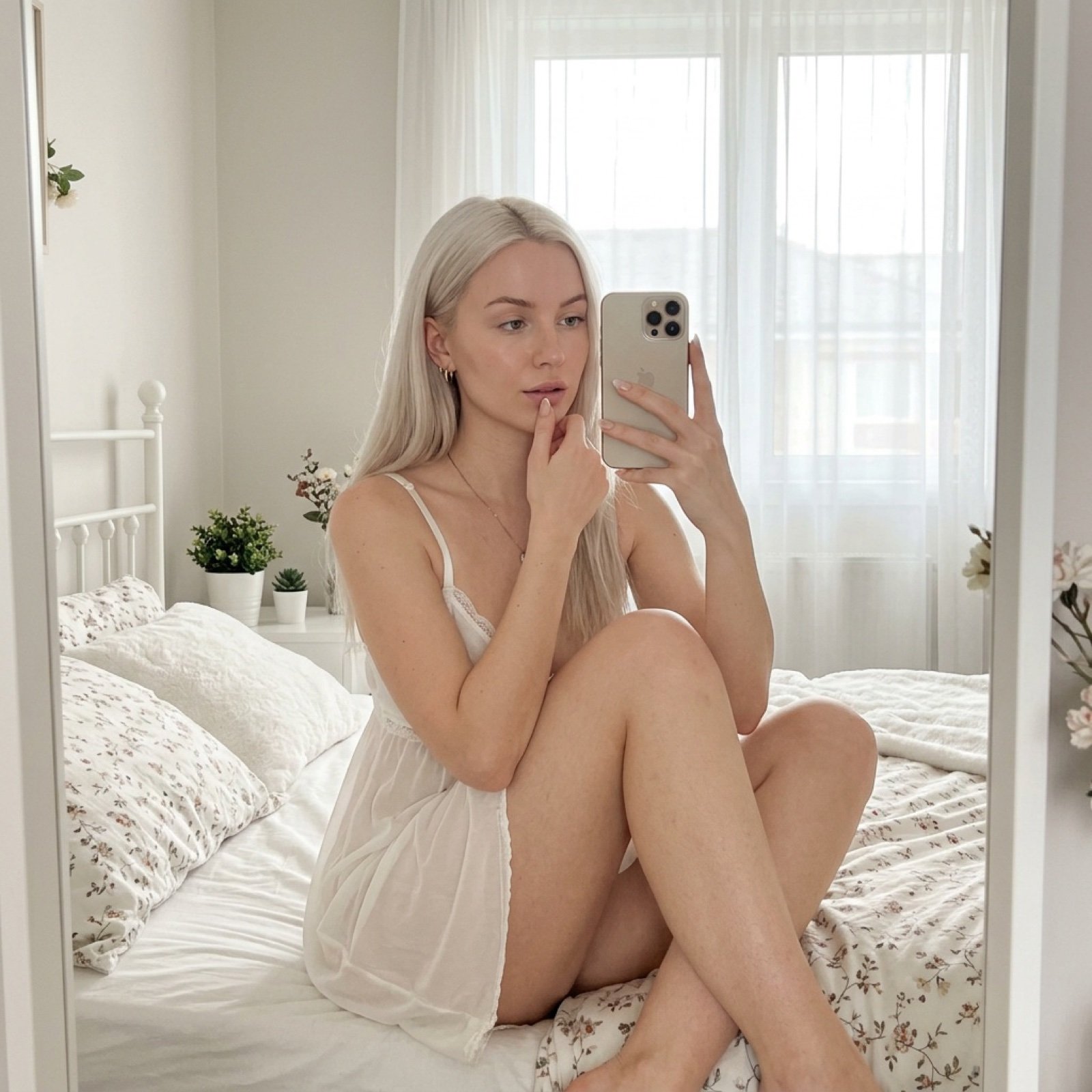Intimate Mirror Selfie in Soft Bedroom Light