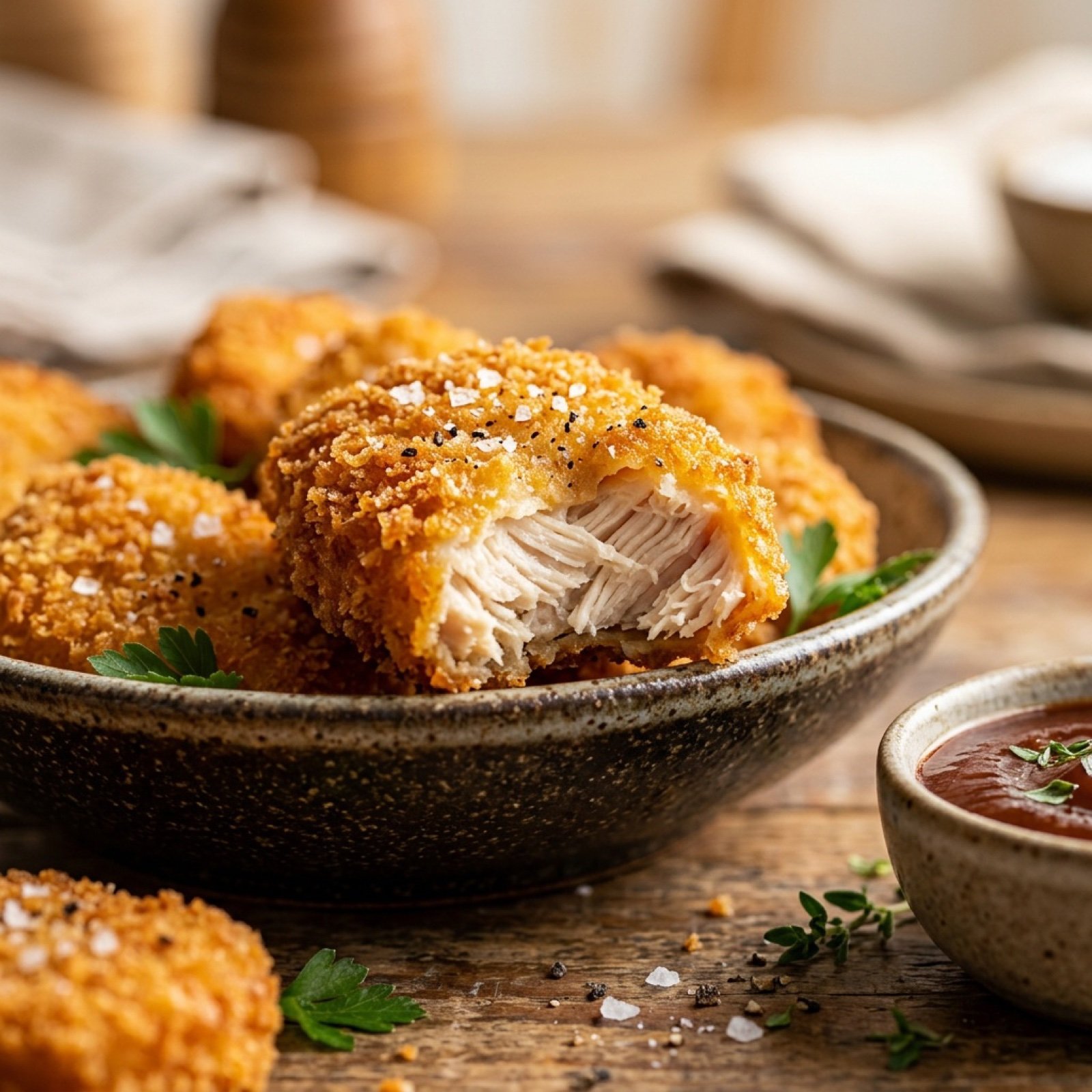 Cinematic Close-Up of Crispy Chicken Nuggets